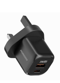 porodo PD 20W UK Fast Dual Port Wall Charger With USB-C to Lightning Cable/ 18W QC/ Power Output 20W/ Over-Heat Protection/ Universal Compatibility - Black  - Image 2