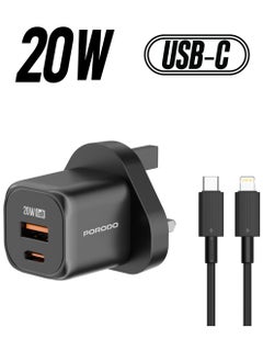 porodo PD 20W UK Fast Dual Port Wall Charger With USB-C to Lightning Cable/ 18W QC/ Power Output 20W/ Over-Heat Protection/ Universal Compatibility - Black  - Image 1