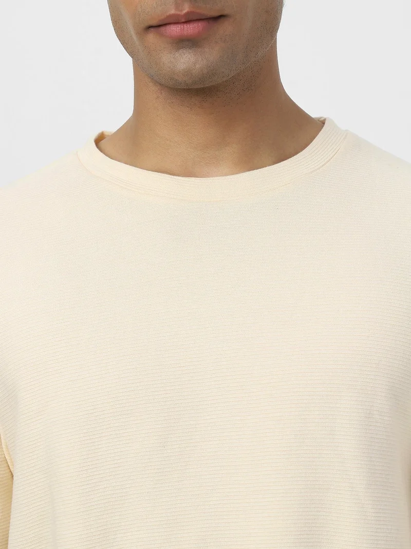 Urbano Fashion  Urbano Fashion Men's Cloud Cream Textured Round Neck Oversized Full Sleeve Cotton T-Shirt  | Best Price UAE