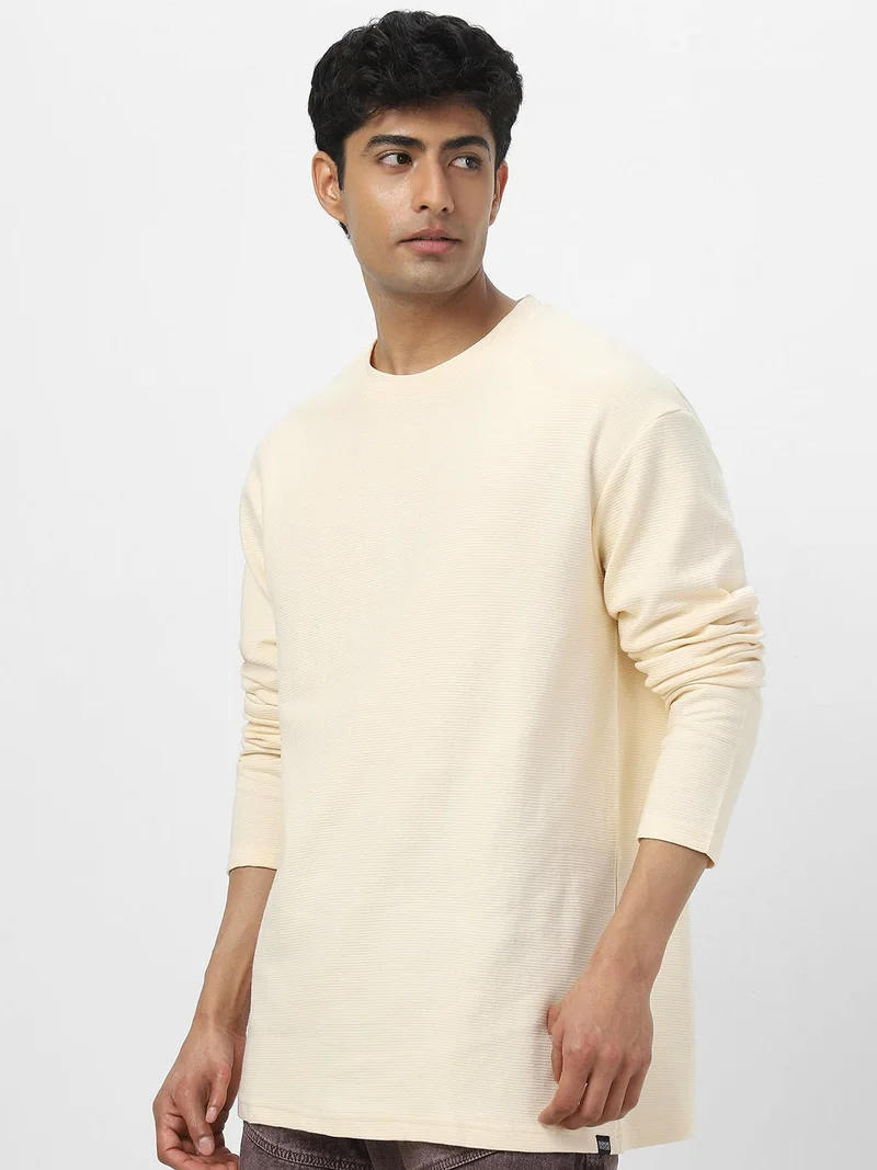 Urbano Fashion  Urbano Fashion Men's Cloud Cream Textured Round Neck Oversized Full Sleeve Cotton T-Shirt  | Best Price UAE