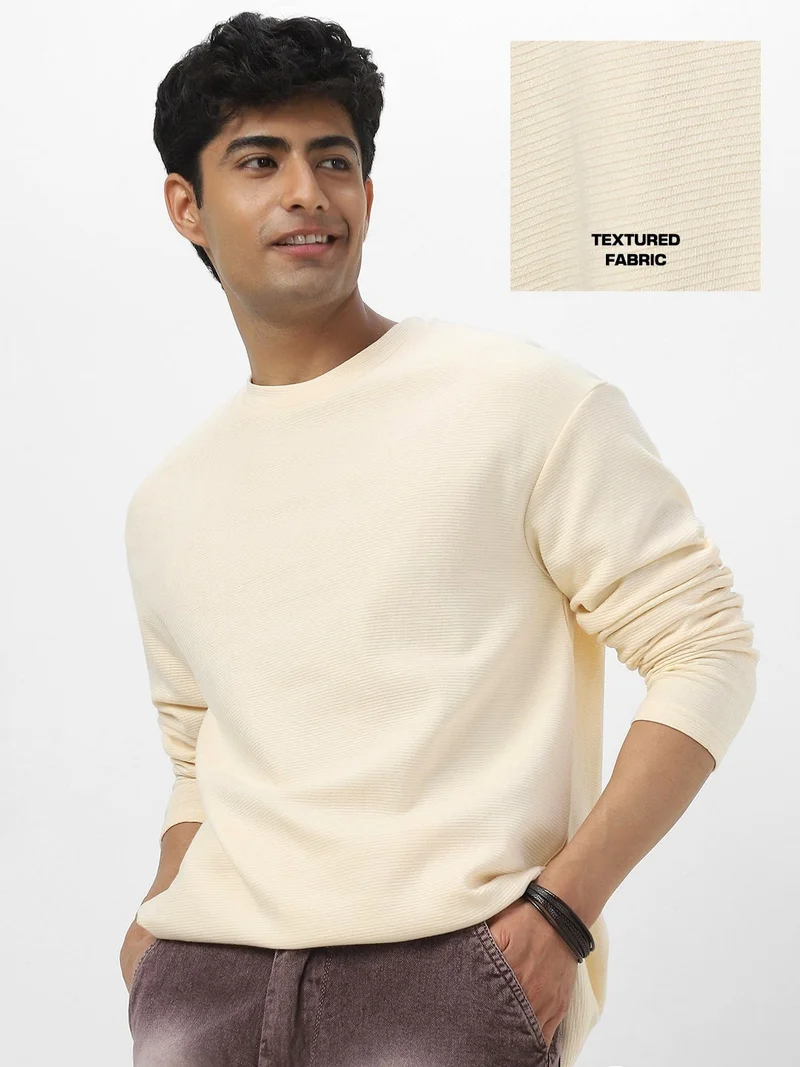 Urbano Fashion Men's Cloud Cream Textured Round Neck Oversized Full Sleeve Cotton T-Shirt