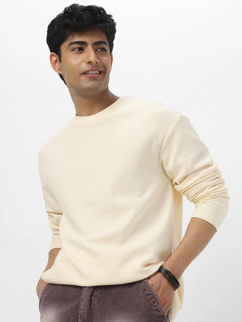 Urbano Fashion  Urbano Fashion Men's Cloud Cream Textured Round Neck Oversized Full Sleeve Cotton T-Shirt  | Best Price UAE