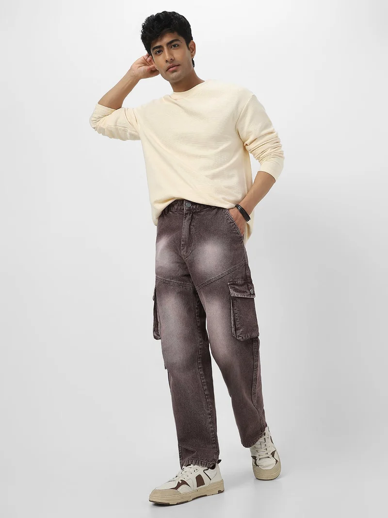 Urbano Fashion  Urbano Fashion Men's Cloud Cream Textured Round Neck Oversized Full Sleeve Cotton T-Shirt  | Best Price UAE