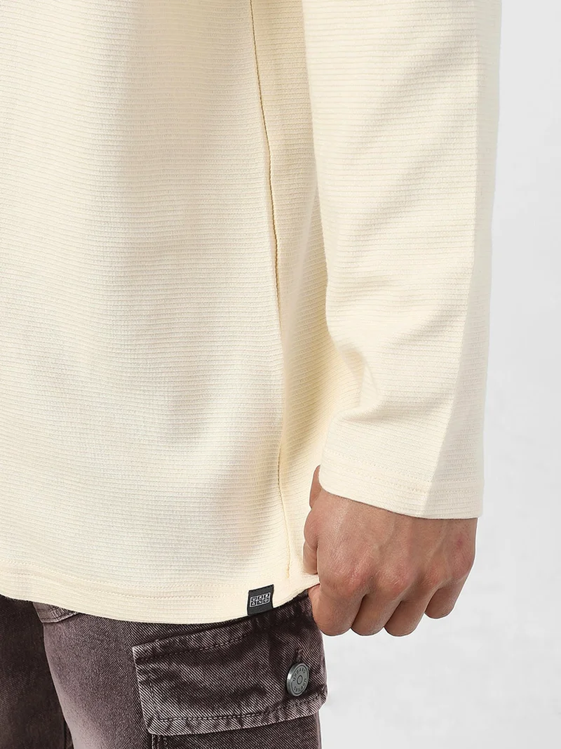 Urbano Fashion  Urbano Fashion Men's Cloud Cream Textured Round Neck Oversized Full Sleeve Cotton T-Shirt  | Best Price UAE