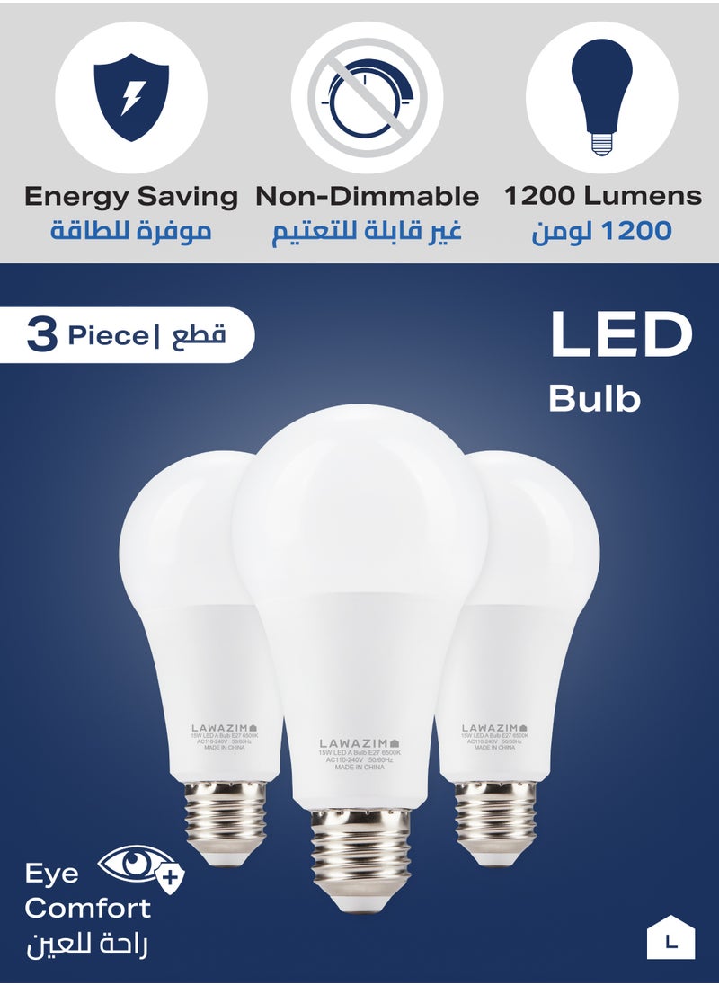 LAWAZIM 15W LED Bulb A70 E27 - 3 Piece 6500K Daylight - Energy Saving 80W Equivalent Non-Dimmable Lightbulbs with 1200 Lumens and Long-Lasting 15,000H Design - for Home, Kitchen, and Bedroom Lighting  - Image 3