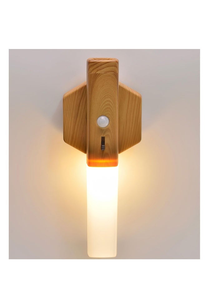 Motion Sensor Night Light, 3 Modes Smart Body Sensor Night Light, Magnetic Wall Light, Stick Battery Operated Stair Indoor Wooden Wall Sconces for Stair, Corridor, Kitchen, Living Room - Image 1