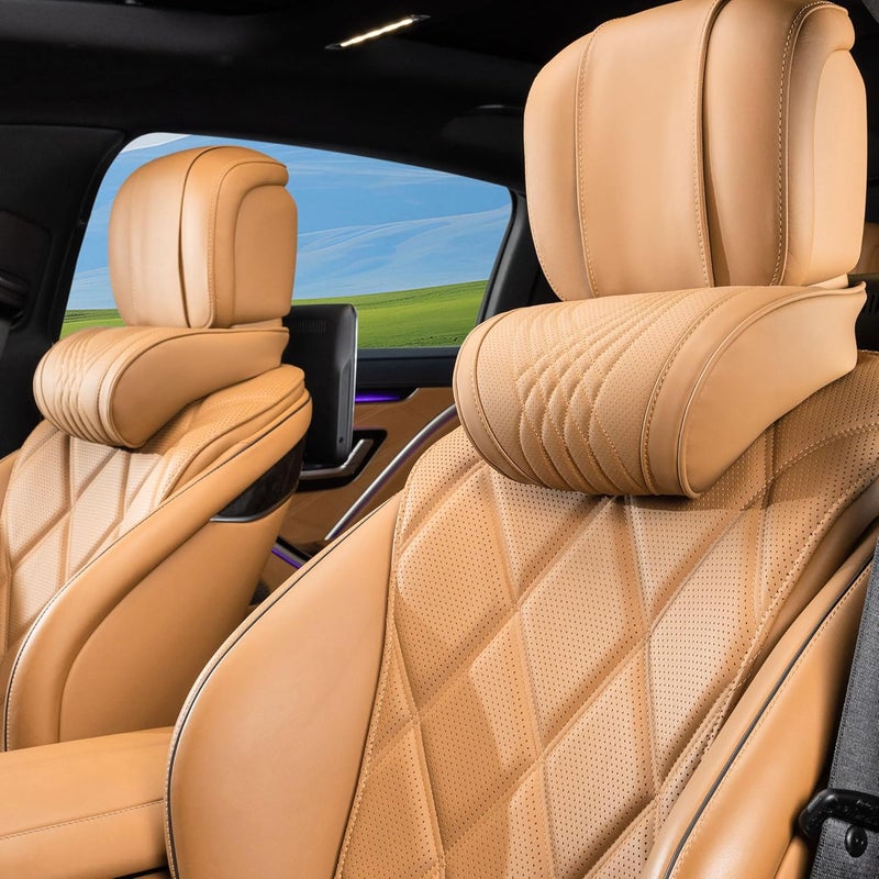 Dapucarin Car Headrest Memory Foam Neck Pillow for Driving with Leather Cover Soft Comfortable Seat Head Pillow Cushion for Most Cars SUV Sedan Home Office Palomino Brown (2PC) - Image 1