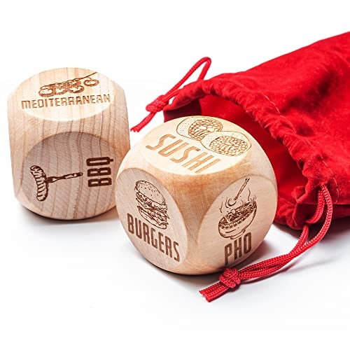 KLUBI Date Night Food Dice for Couples Gift Stocking Stuffers for Women 2 Engraved Wooden Takeout Dice Funny Date Night Gifts for Girlfriend What to Eat Game for Couples Dinner Decision Maker Gift - Image 1