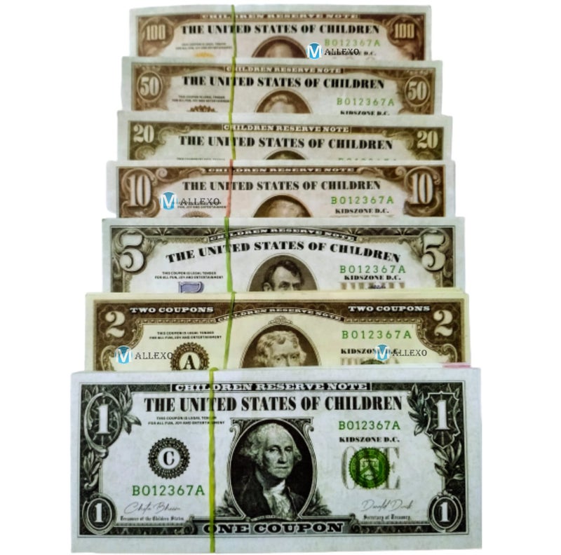 Mallexo Dollar Money Toys for Kids 600Pcs Coupons 6 Design Doller Dummy Currency Notes for Boys Girls Learning and Education Baby Toys Money Multicolor Nakli Notes or Playing Fake Money Notes (Dollar) - Image 1