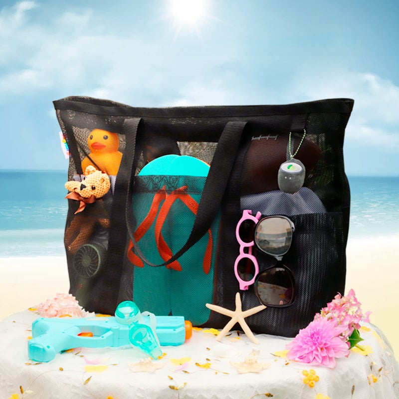 Tagitary Mesh Beach Bag with Zipper, Black Large Beach Tote Waterproof Sandproof with 8 Pockets for Kids Toys Storage Swim Pool Accessories for Vacation Sports Camping Picnic Travel Bag - Image 3