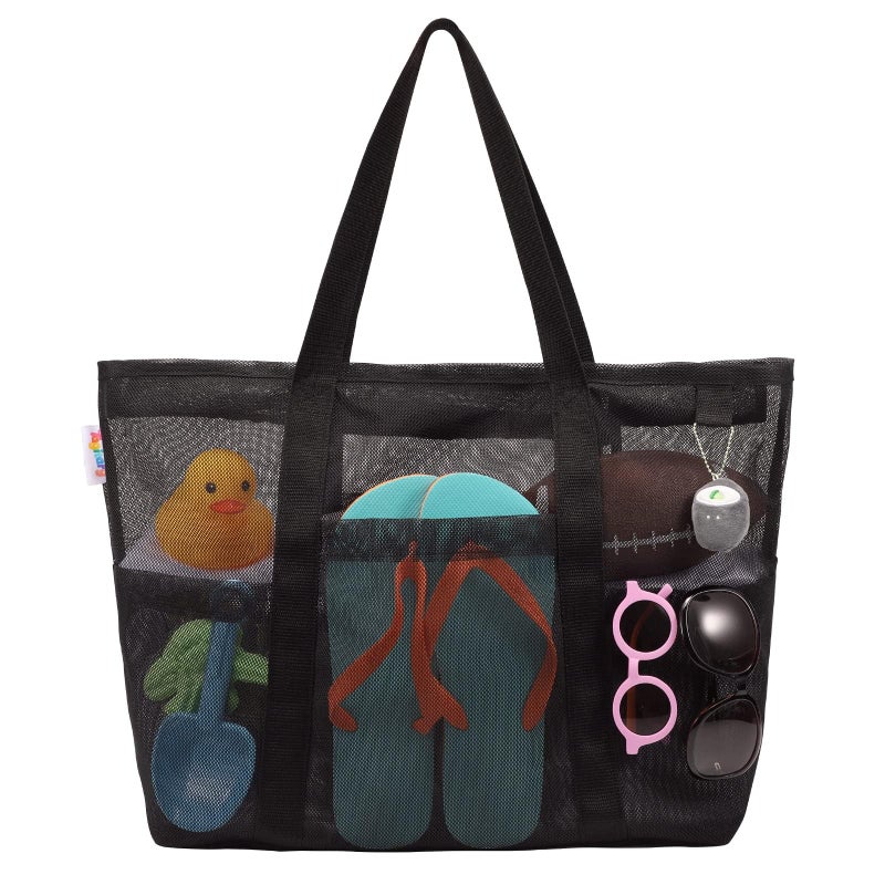 Tagitary Mesh Beach Bag with Zipper, Black Large Beach Tote Waterproof Sandproof with 8 Pockets for Kids Toys Storage Swim Pool Accessories for Vacation Sports Camping Picnic Travel Bag - Image 1