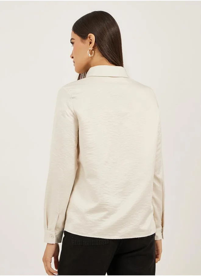 Styli Solid Lace Insert Regular Fit Shirt with Fringe Detail