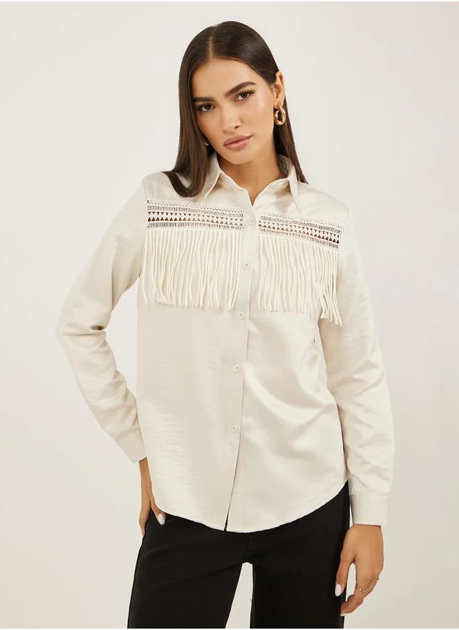 Styli Solid Lace Insert Regular Fit Shirt with Fringe Detail