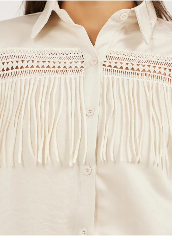 Styli Solid Lace Insert Regular Fit Shirt with Fringe Detail