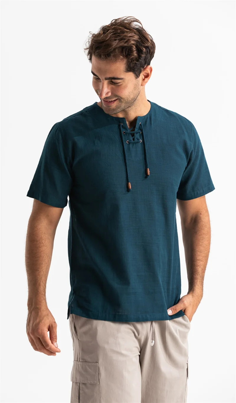 Eliş Şile Bezi Short Sleeve Şile Diaper Stapled Men's Tshirt Dark Petrol 3069