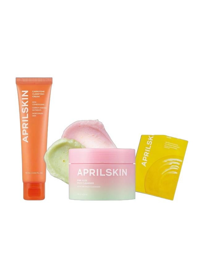 APRILSKIN April Skin Pink Aloe Pack Cleanser Soothing Gentle Daily Face Wash for Sensitive Skin 120g & April Skin Calendula Deep Essence Hydrating Soothing Sheet Mask for Sensitive Skin 10 Sheets & April Skin Carrotene Clarifying Moisturizing Cream BHA Niacinamide for Acne Prone Skin 60ml Bundle - Image 1