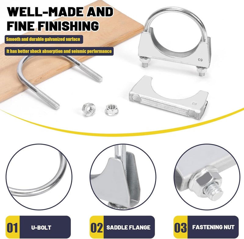 Mardatt 2Pcs 2-1/2" (63mm) Exhaust U Clamps, U Bolt Muffler Clips, Silver Steel, Automotive Exhaust Clamps - Image 3
