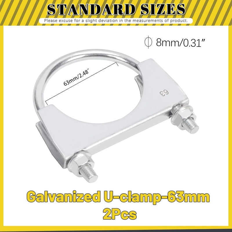 Mardatt 2Pcs 2-1/2" (63mm) Exhaust U Clamps, U Bolt Muffler Clips, Silver Steel, Automotive Exhaust Clamps - Image 2