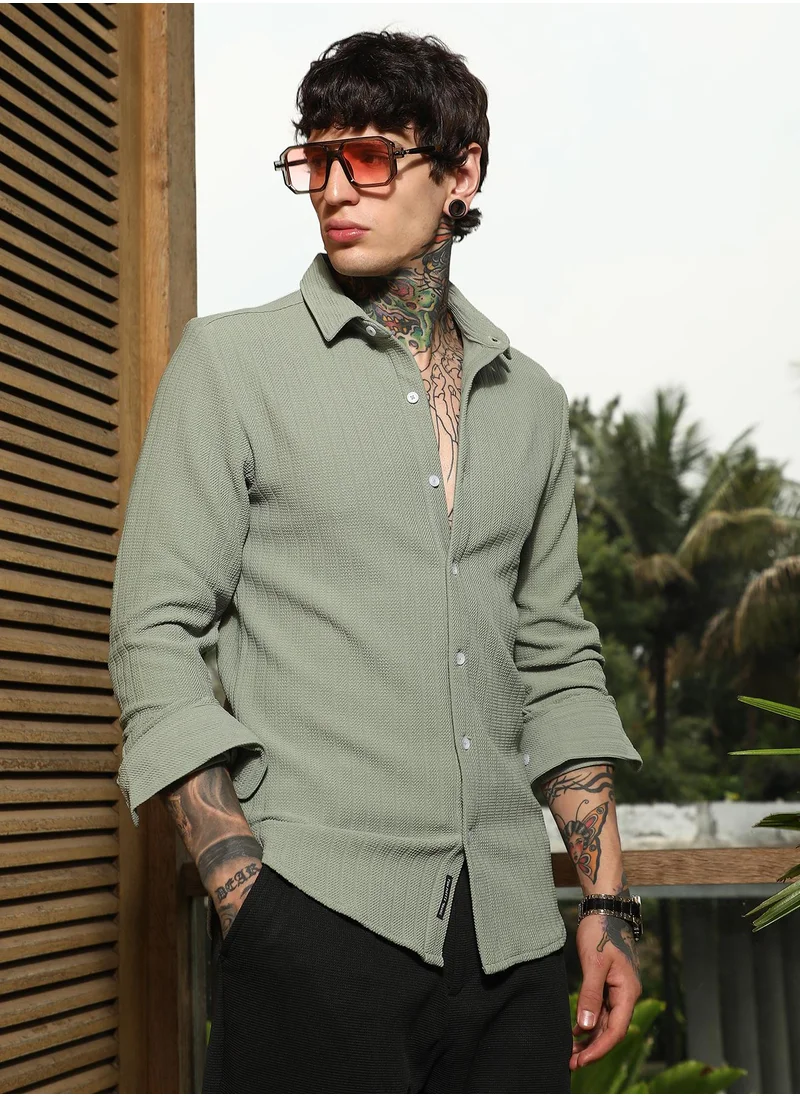 كامبوس سوترا Men's Mint Green Rope-Textured Shirt For Casual Wear | Spread Collar | Long Cuffed Sleeves | Button Closure | Shirt Crafted With Comfort Fit For Everyday Wear
