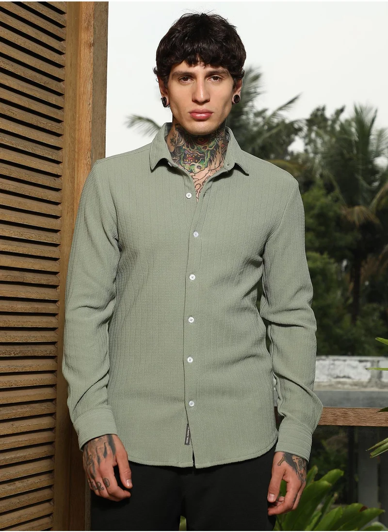 كامبوس سوترا Men's Mint Green Rope-Textured Shirt For Casual Wear | Spread Collar | Long Cuffed Sleeves | Button Closure | Shirt Crafted With Comfort Fit For Everyday Wear