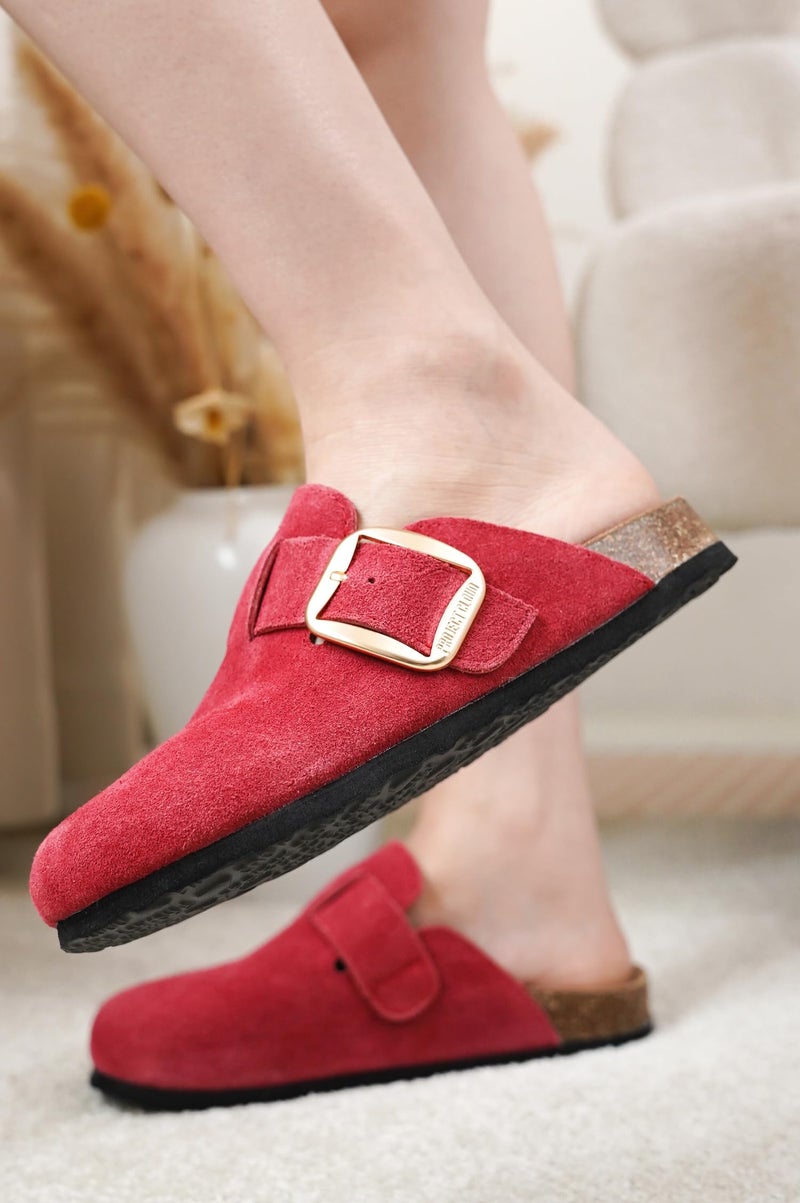 Project Cloud 100% Genuine Leather Clogs for Women Shoes - Memory Foam Insole, Non-Slip & Natural Cork Footbed Arch Support Big Buckle Womens Clogs and Mules Footwear (Manchester, Berry, 5.5) - Image 2