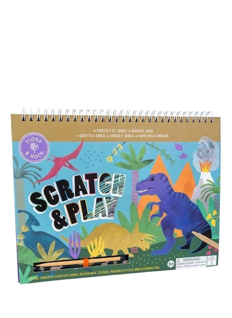 Floss & Rock - Floss & Rock Dino Scratch & Play - Creative Art Activity Set for Kids with 10 Pre-Printed Scratch Cards, Removable Stencil, Wooden Stylus and Cleaning Pad - Image 1