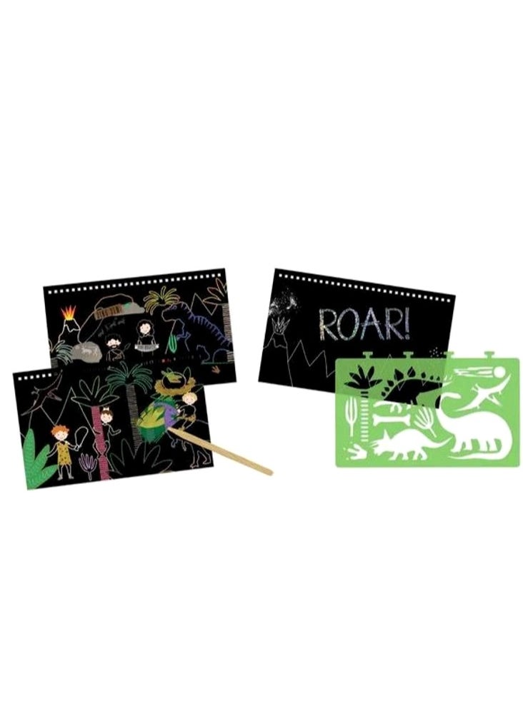 Floss & Rock - Floss & Rock Dino Scratch & Play - Creative Art Activity Set for Kids with 10 Pre-Printed Scratch Cards, Removable Stencil, Wooden Stylus and Cleaning Pad - Image 1