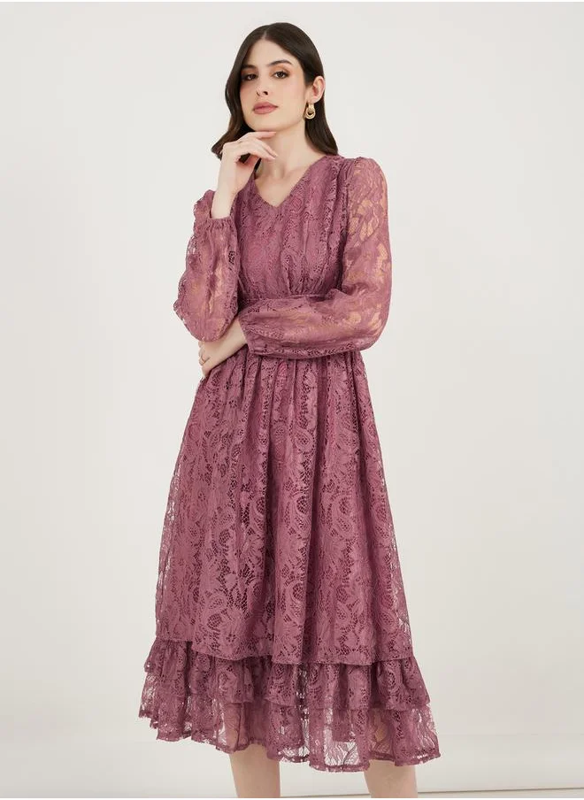 Styli Lace Overlay Layered Midi Dress