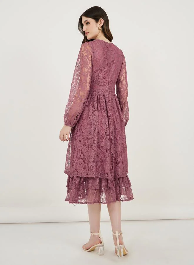 Styli Lace Overlay Layered Midi Dress