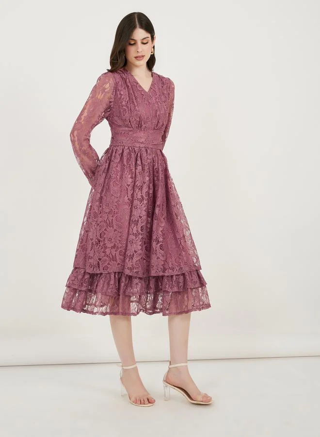 Styli Lace Overlay Layered Midi Dress