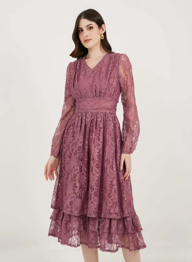 Styli Lace Overlay Layered Midi Dress