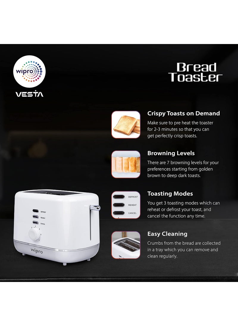 WIPRO Wipro Vesta Bread Toaster 800 Watts Auto Pop up with Removable Crumb Tray 7 Browning Levels with Defrost and Pre Heat Function White Standard VA021020  - Image 2