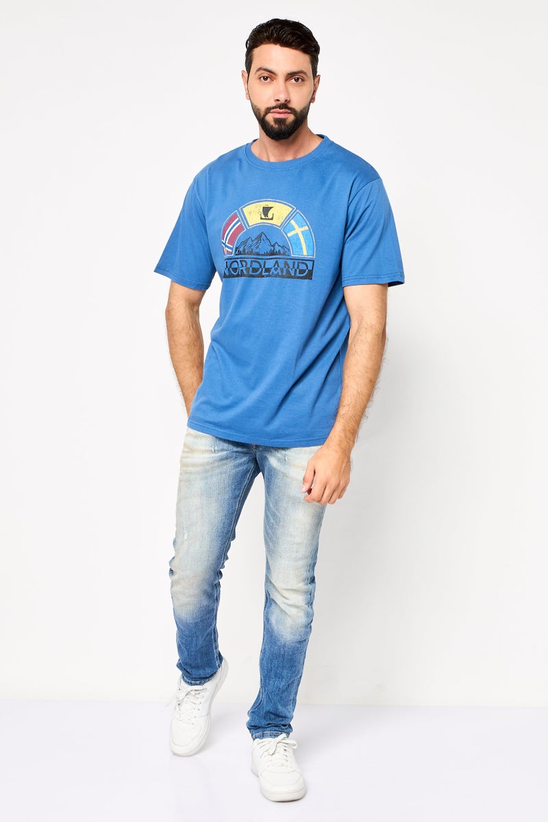 NorthLand Men Ribbed Collar Short Sleeve Brand Logo T-Shirt, Dark Blue - Image 2