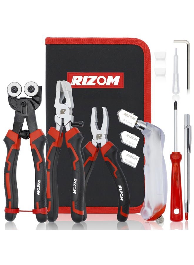 Rizom Glass Cutting Tool, Glass Cutter 2-20MM, 8" Tile Nippers, 8" Glass Running Pliers with Curved Jaws, 6" Breaker Grozer Pliers, Glass Cutter Kit for Stained Glass, Tiles, Mosaic Cutting - Image 1