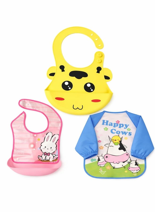 KIDDOLANE Silicone Baby Bibs Pack of 3 | Full-Sleeve Apron Bibs and Bibs with Food Catcher Pocket | Baby bibs for 6 to 24 months | Waterproof, BPA-Free, Easy Clean Feeding Bibs for Babies & Toddlers - Image 1