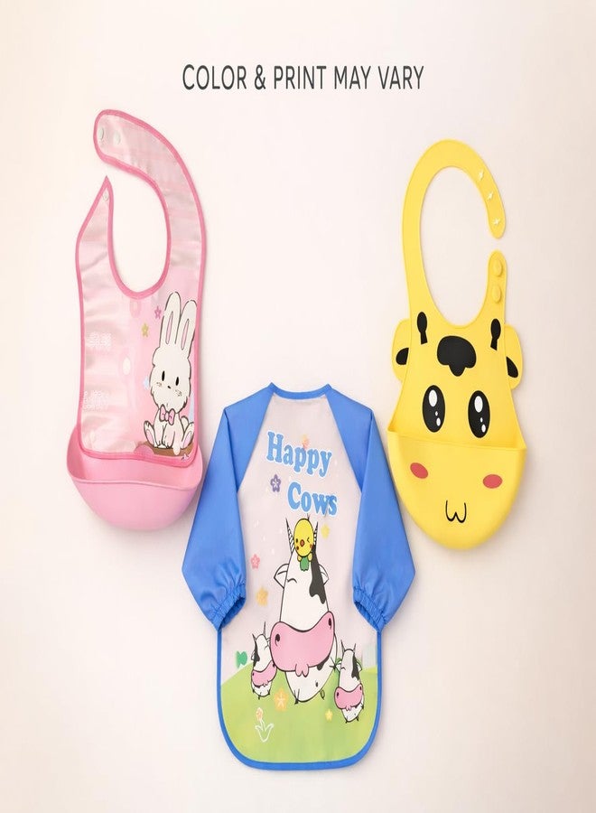 KIDDOLANE Silicone Baby Bibs Pack of 3 | Full-Sleeve Apron Bibs and Bibs with Food Catcher Pocket | Baby bibs for 6 to 24 months | Waterproof, BPA-Free, Easy Clean Feeding Bibs for Babies & Toddlers - Image 2