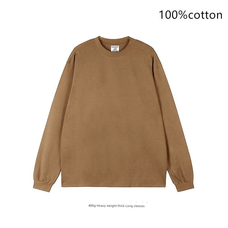 300G heavy cotton long-sleeved t-shirt loose solid color top white T-shirt undershirt thick men's and women's T-shirt - Image 3