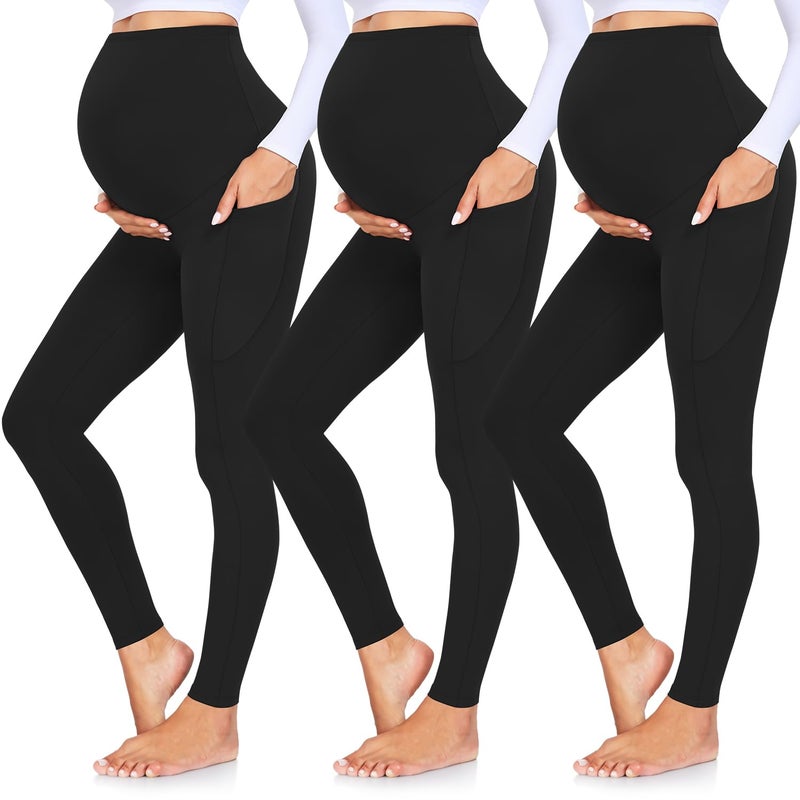 GROTEEN 3 Pack Women's Maternity Leggings Over The Belly with Pockets Maternity Pants Clothes Outfits Sets Sweatpants Buttery Soft Tights Pregnancy Must Haves Essentials Black/Black/Black - Image 1