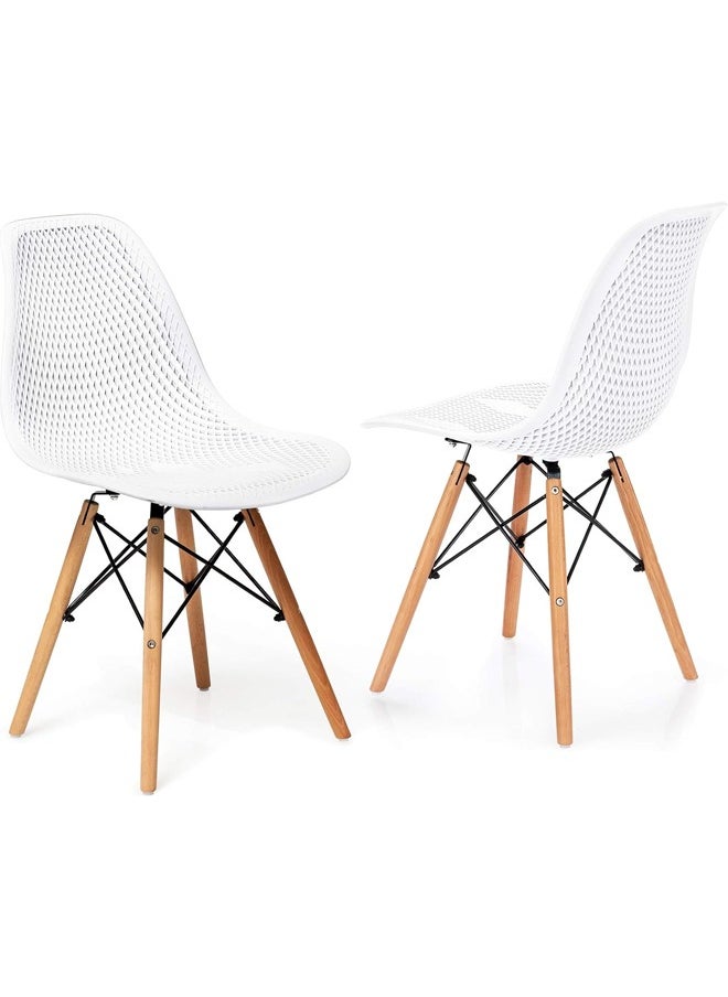 Taimi Pack of 2 Modern Dining Chairs, Outdoor Indoor Shell PP Lounge Side Chairs with Mesh Design, Beech Wood Legs, Tulip Leisure Chairs, DSW Dining Chairs for Kitchen and Dining Room White  - Image 1