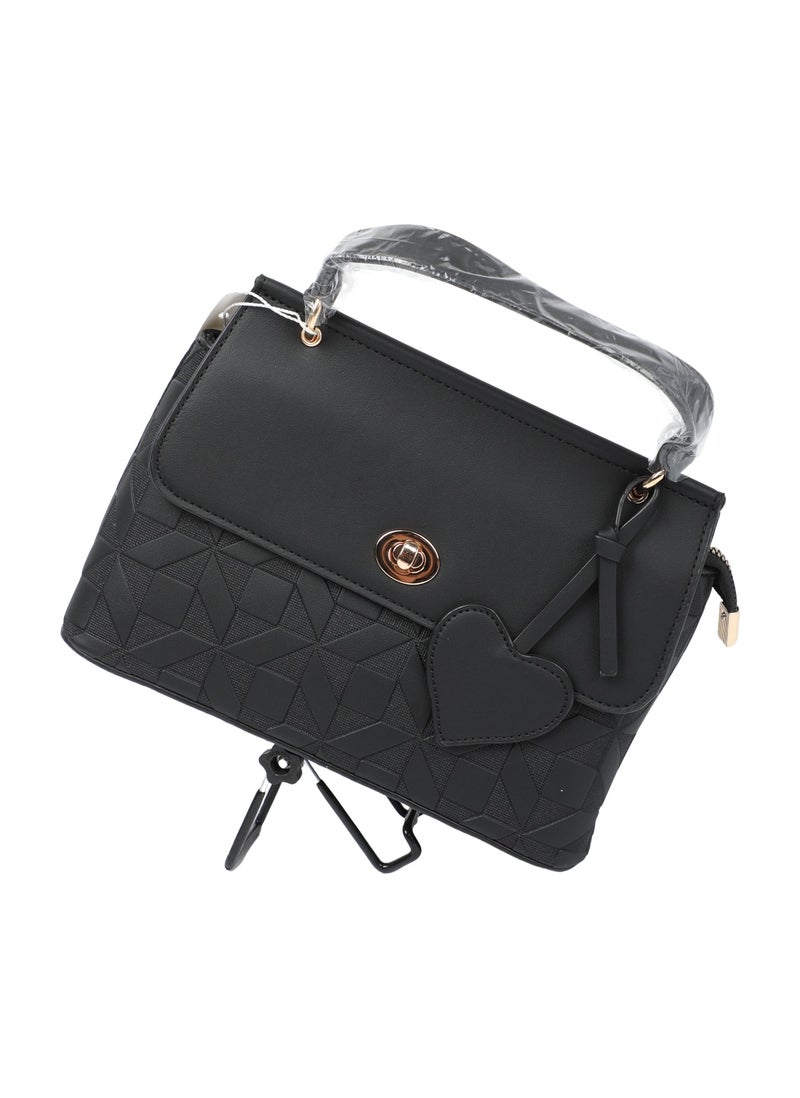 Women's Stylish Handbag with Geometric Texture, Twist-Lock Flap & Heart Charm - Image 4