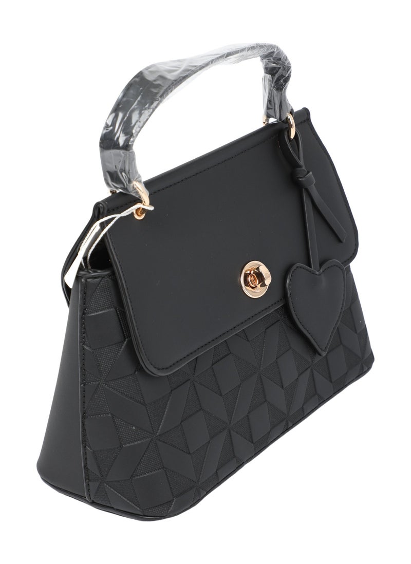 Women's Stylish Handbag with Geometric Texture, Twist-Lock Flap & Heart Charm - Image 2