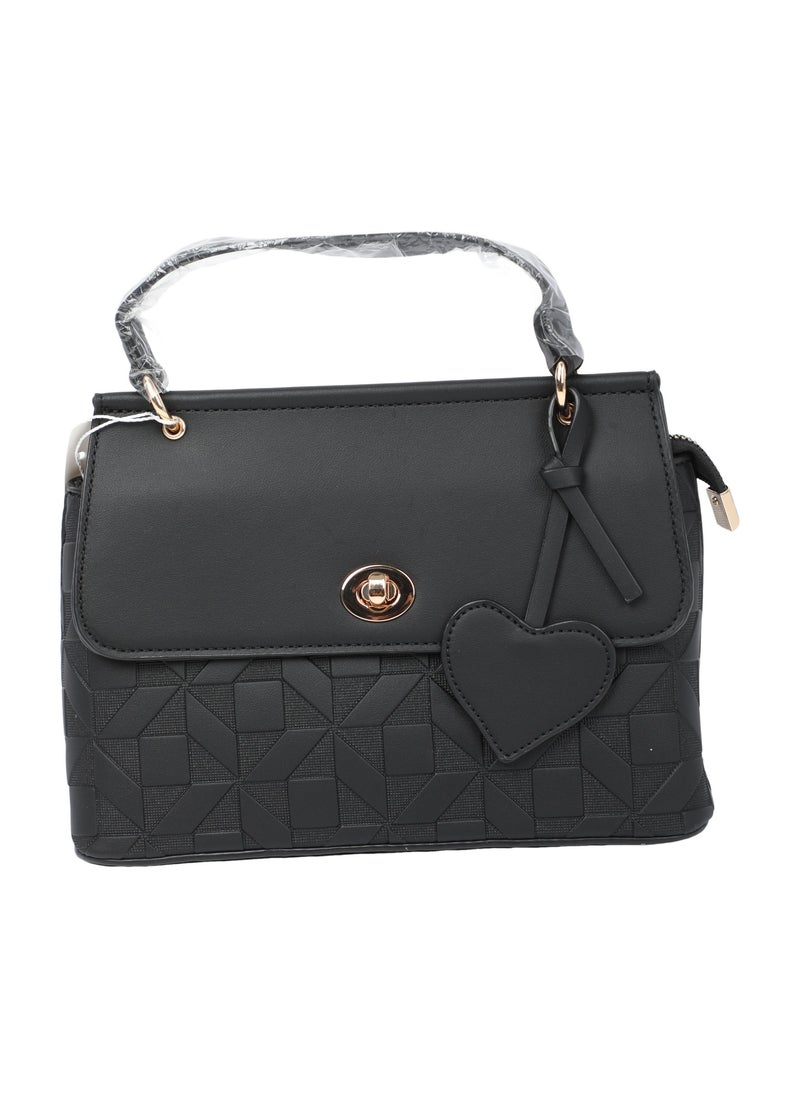 Women's Stylish Handbag with Geometric Texture, Twist-Lock Flap & Heart Charm - Image 1
