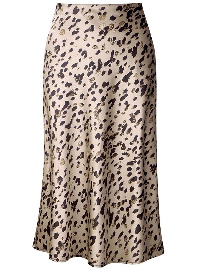 Keasmto Leopard Skirt for Women Midi Length High Waist Silk Satin Elasticized Cheetah A Line Summer Casual Ladies Skirts Leopard-02 L - Image 1