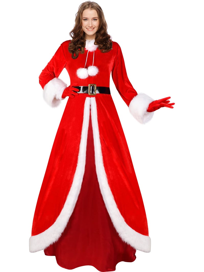 Haysandy Mrs Claus Costume Women Christmas Claus Costume Santa Dress Velvet Hooded Xmas Cosplay Outfit with GlovesRedLarge