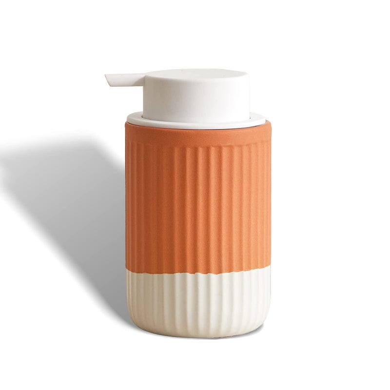 ABBI NIMO Hand Dipped Terracotta Ceramic Foam Soap Dispenser 12 oz Rippled BubbleUp Bottle with White Silicone Pump Refillable Orange Hand Soap Dispenser for Bathroom