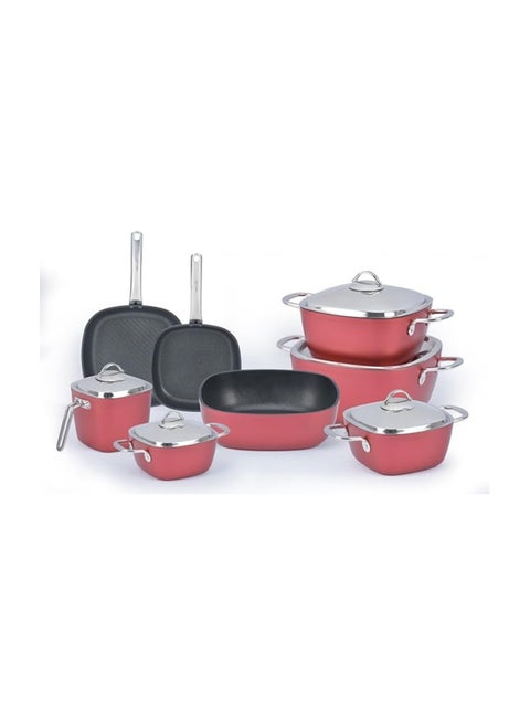 Powerline titanium cookware set from Savlon, consisting of 13 pieces with square stainless steel handles in red color (4 pots sizes 18/20/24/28, frying pan 24 cm, oven pan size 28 cm, milk pan 16 cm,