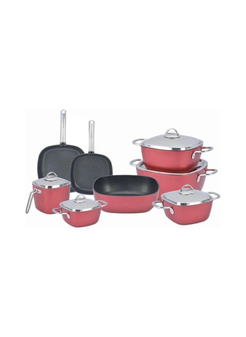 Powerline titanium cookware set from Savlon, consisting of 13 pieces with square stainless steel handles in red color (4 pots sizes 18/20/24/28, frying pan 24 cm, oven pan size 28 cm, milk pan 16 cm,