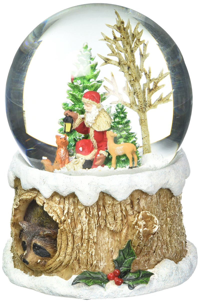 Glitterdomes 100mm Musical Glitter Dome Features Santa with Woodland Animals on a Tree Like Base with a Racoon Peeking Out 575Inch