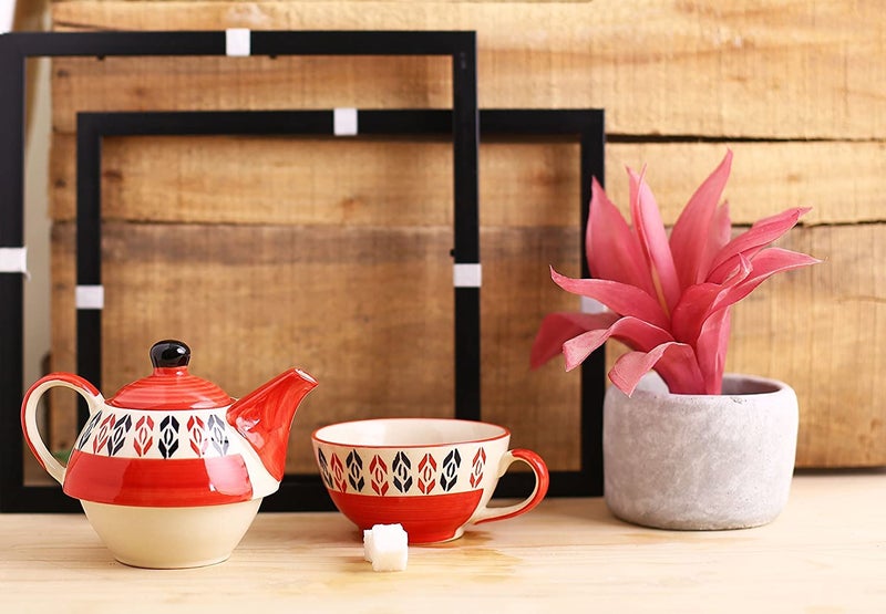 Caffeine Ceramic Handmade Arrow Pattern 2 in1 Tea Pot (Set of 1, Single Kettle with Cup) - Image 1