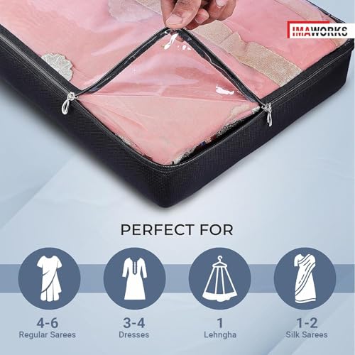 IMAWORKS Fabric Saree Bags Covers For Storage Set Of-6 Big Size With Zip Closure For Packing Pouches Clothes Bags And Wardrobe Organizer With Transparent Window-Black(6),33 Cm,7.6 Cm - Image 4